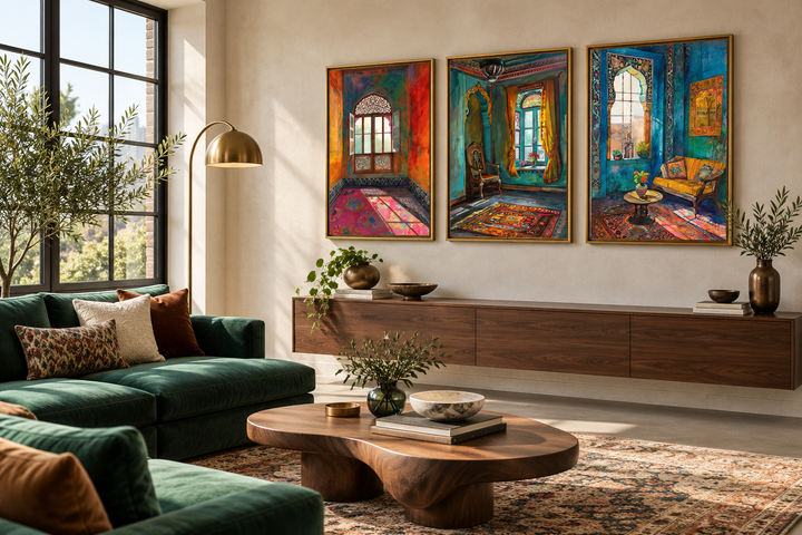Set of three framed canvas prints featuring colorful Indian room and window architectural art.