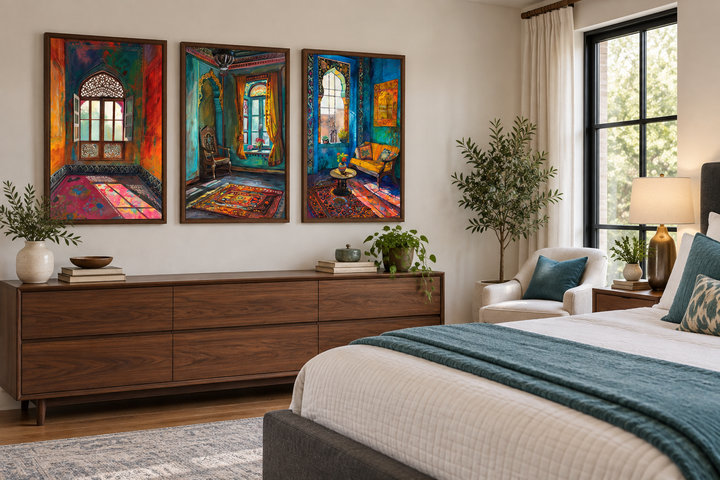 Set of three framed canvas prints featuring colorful Indian room and window architectural art.