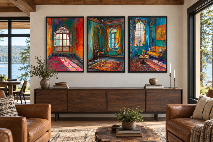 Set of three framed canvas prints featuring colorful Indian room and window architectural art.