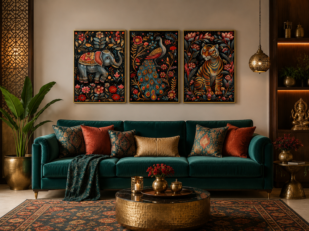 Set of three Madhubani style framed canvas prints featuring a tiger, elephant, and peacock.