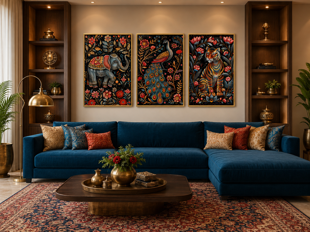 Set of three Madhubani style framed canvas prints featuring a tiger, elephant, and peacock.