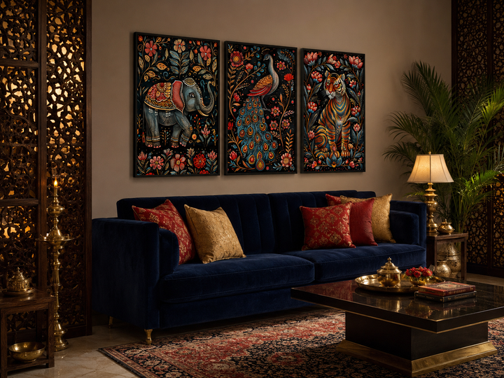 Set of three Madhubani style framed canvas wall art featuring a tiger, elephant, and peacock.