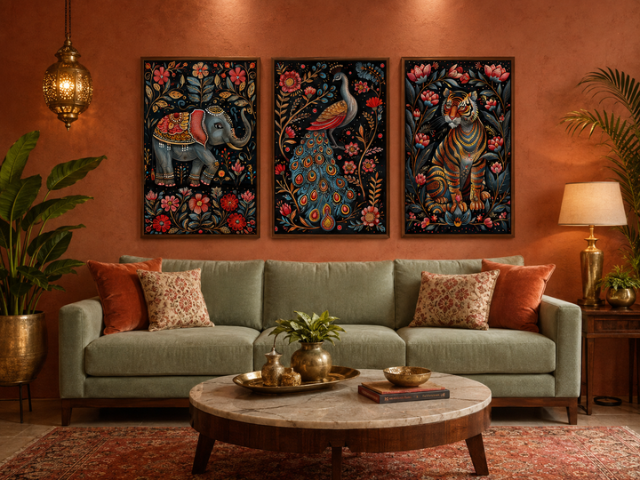 Set of three Madhubani style framed canvas wall art featuring a tiger, elephant, and peacock.