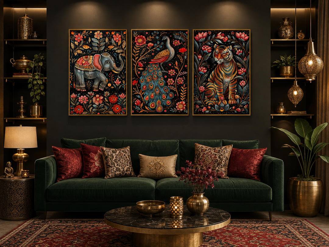Set of three Madhubani style framed canvas wall art featuring a tiger, elephant, and peacock.