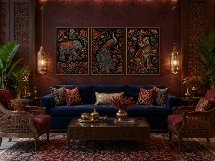 Set of three Madhubani style framed canvas wall art featuring a tiger, elephant, and peacock.
