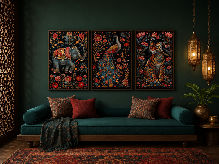Set of three Madhubani style framed canvas prints featuring a tiger, elephant, and peacock.