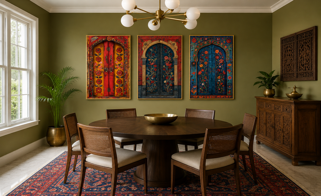 Set of three Madhubani door paintings on a green wall above a round wooden dining table.