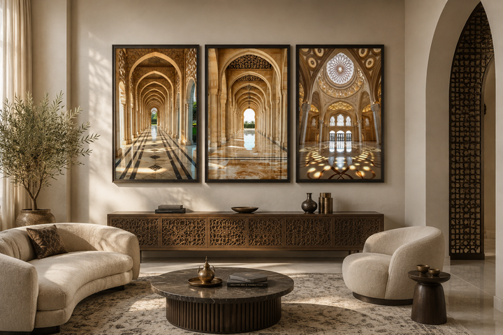 Set of three framed canvas wall art pieces featuring beige Middle Eastern architectural arches.