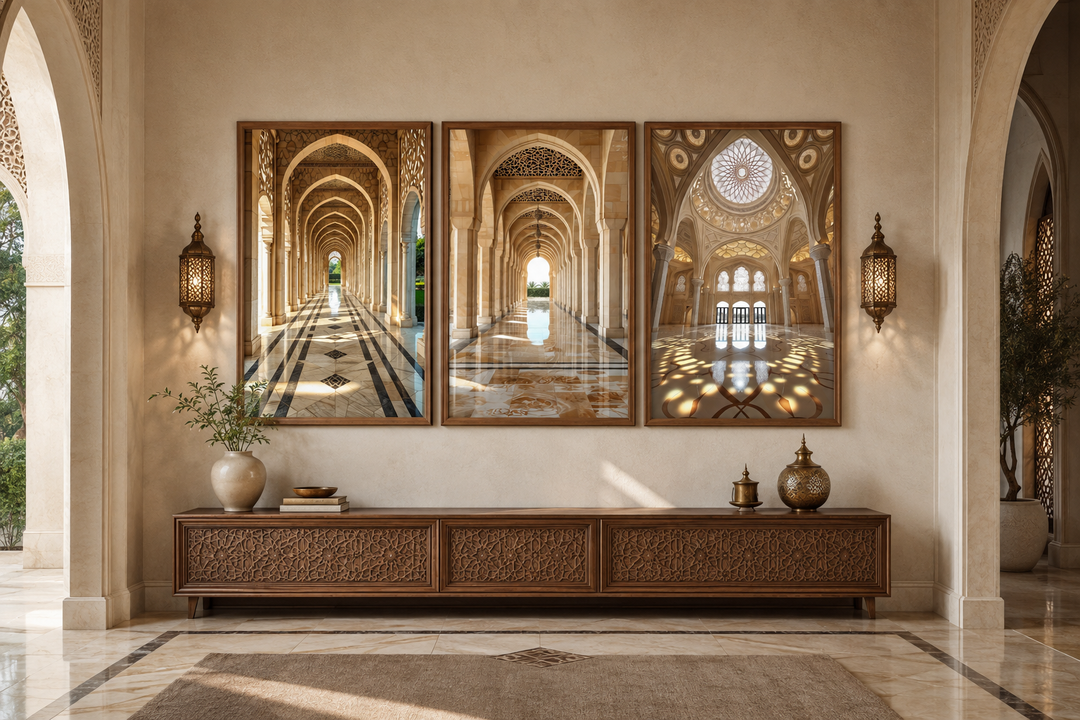 Set of three framed canvas prints featuring beige Middle Eastern architectural arches and domes.