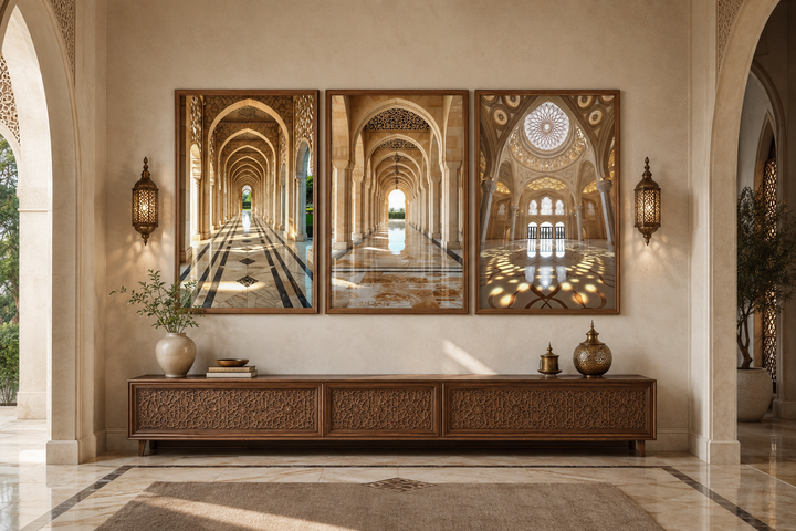Set of three framed canvas prints featuring beige Middle Eastern architectural arches and domes.