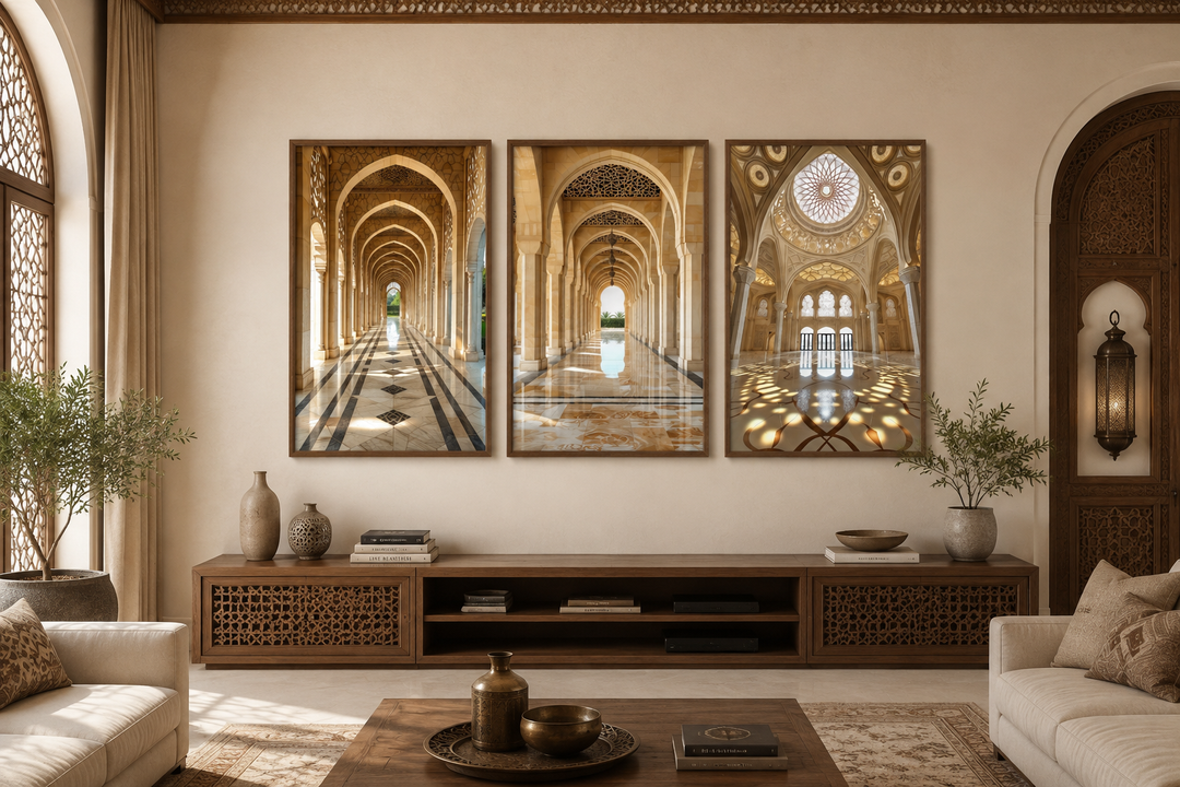 Set of three framed canvas prints featuring beige Middle Eastern architectural arches and domes.