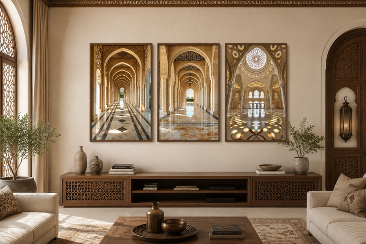 Set of three framed canvas prints featuring beige Middle Eastern architectural arches and domes.