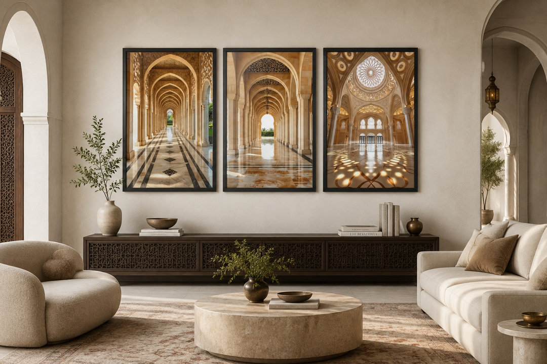 Set of three framed canvas wall art pieces featuring beige Middle Eastern architectural arches.