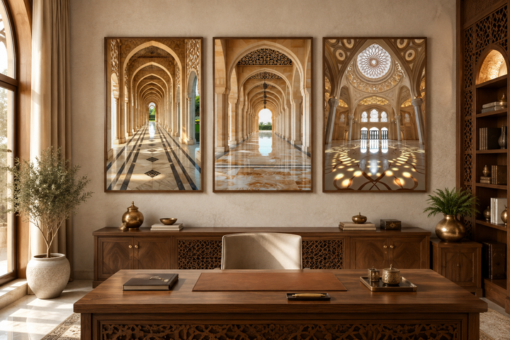 Set of three framed canvas wall art pieces featuring beige Middle Eastern architectural arches.