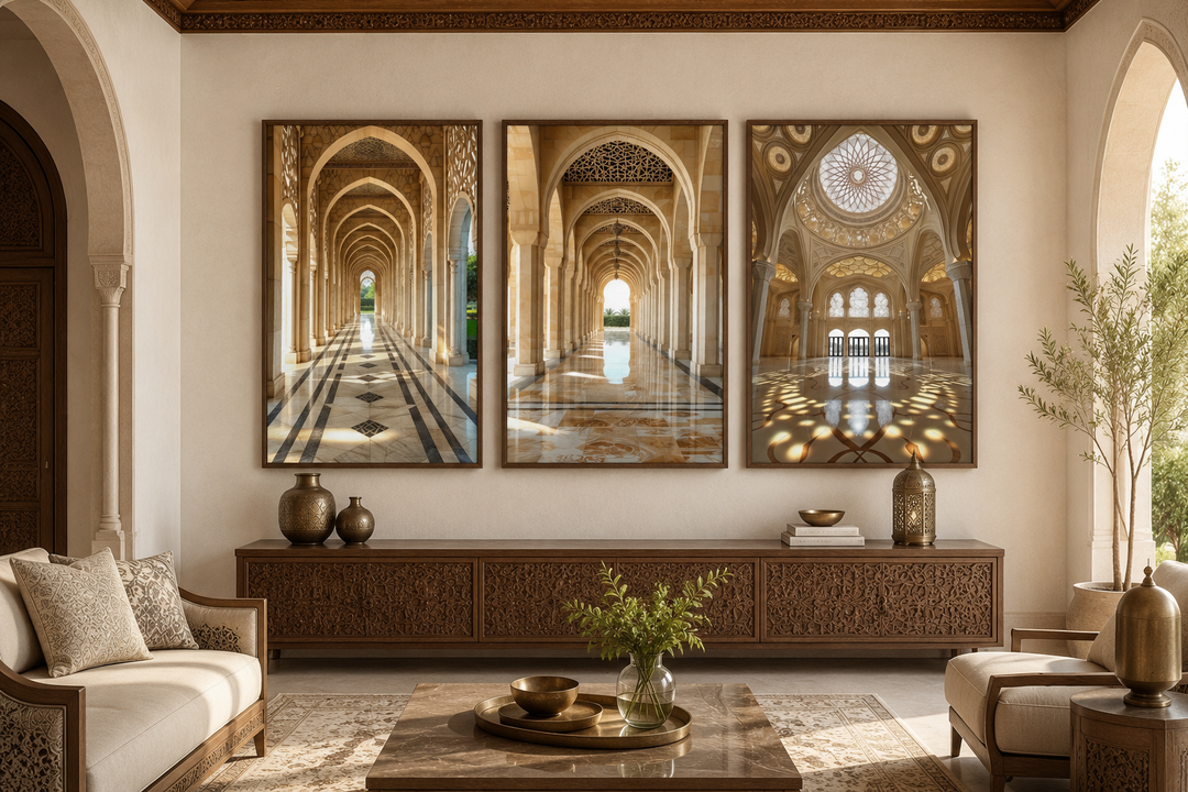 Set of three framed canvas prints featuring beige Middle Eastern architectural arches and domes.