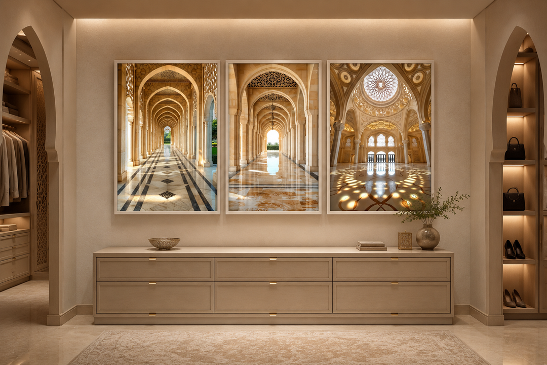 Set of three framed canvas prints featuring beige Middle Eastern architectural arches and domes.
