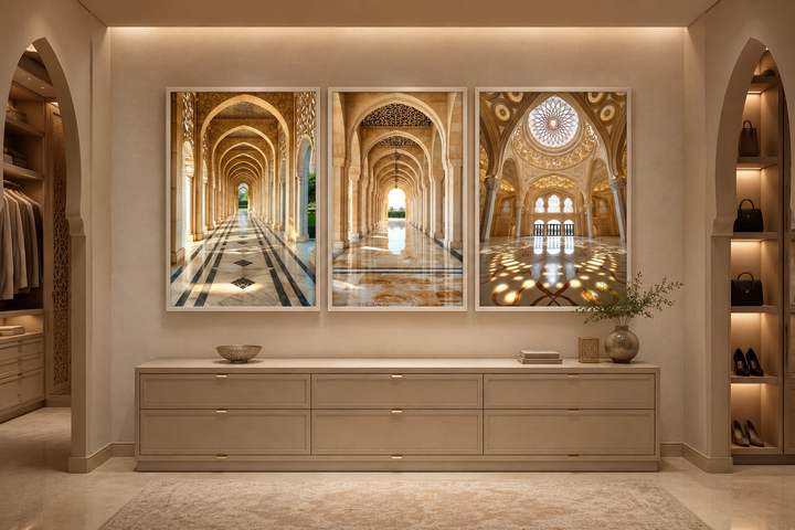 Set of three framed canvas prints featuring beige Middle Eastern architectural arches and domes.