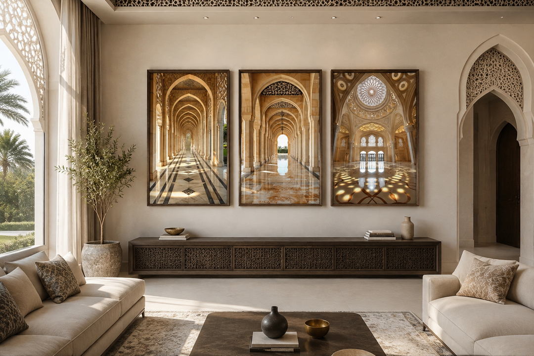 Set of three framed canvas prints featuring beige Middle Eastern architectural arches and domes.