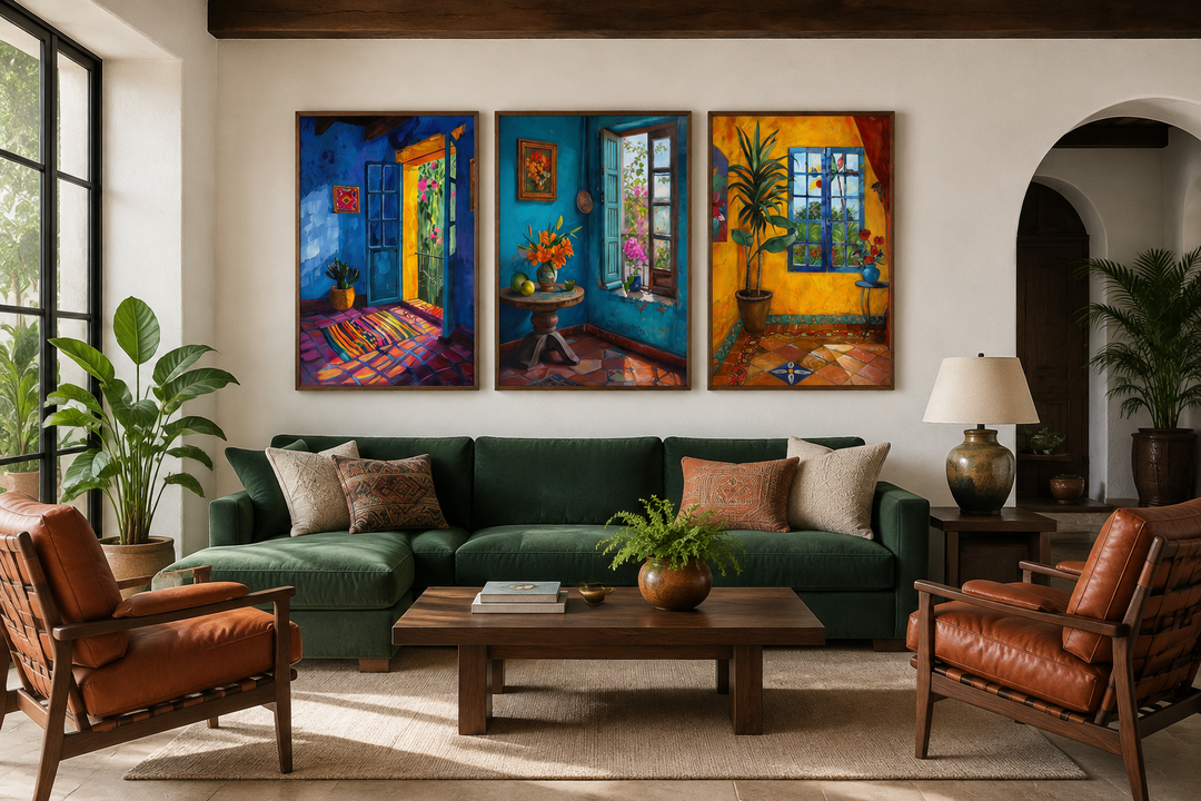 Set of three framed canvas prints featuring vibrant Mexican room interiors above a green sofa.