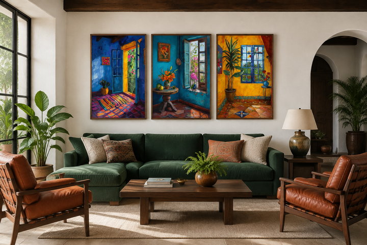 Set of three framed canvas prints featuring vibrant Mexican room interiors above a green sofa.