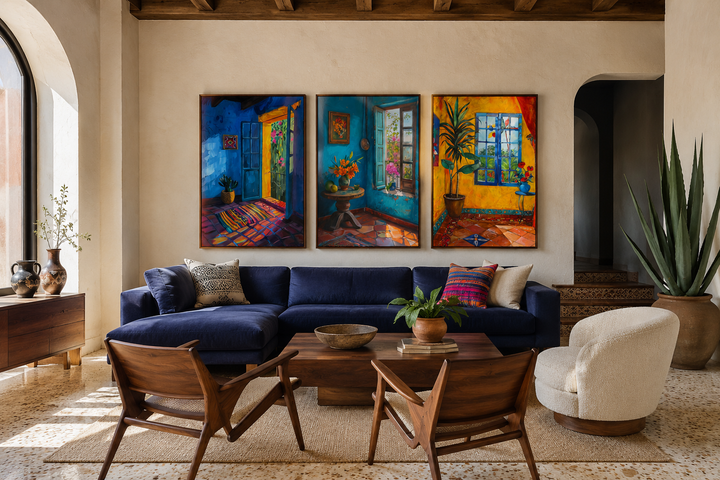 Set of three framed canvas prints featuring colorful Mexican interior scenes above a blue sofa.