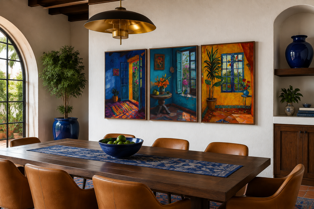 Set of three framed canvas prints featuring colorful Mexican room interiors on a white dining wall.