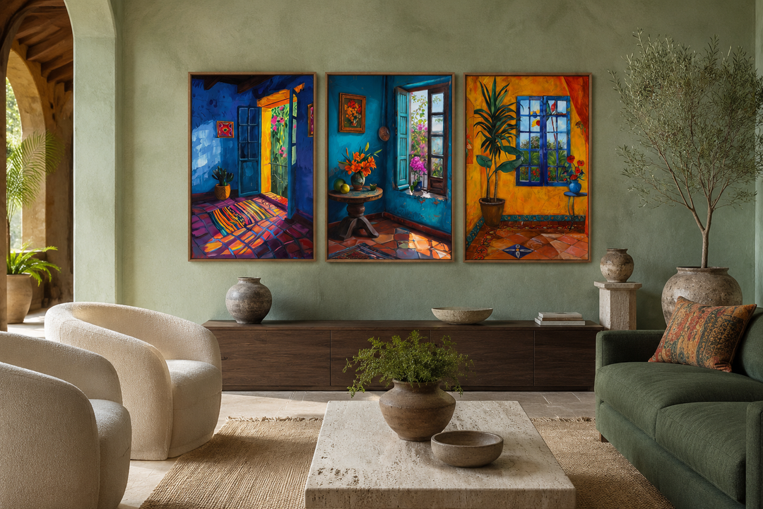 Set of three framed canvas prints featuring colorful Mexican room interiors on a green wall.