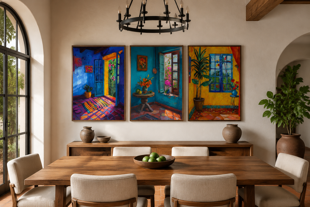 Set of three framed canvas prints featuring vibrant Mexican interior scenes above a dining table.