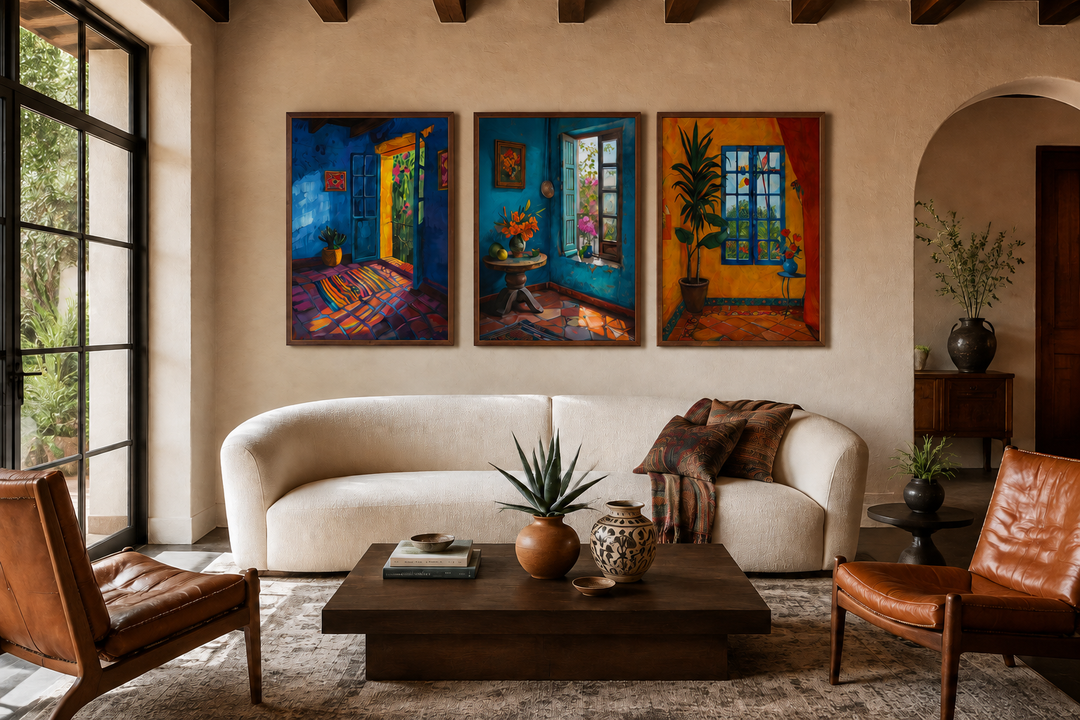 Set of three colorful Mexican room paintings on framed canvas above a white sofa in a living room.