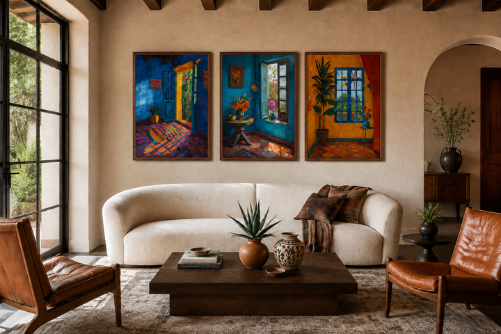 Set of three colorful Mexican room paintings on framed canvas above a white sofa in a living room.