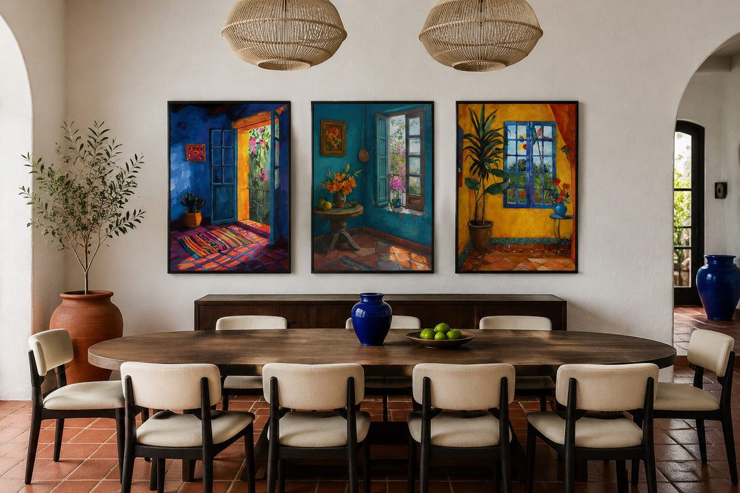 Set of three framed canvas prints showing colorful Mexican rooms above a dining table.