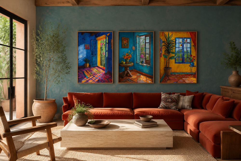 Set of three framed canvas prints featuring colorful Mexican room interiors above a terracotta sofa.