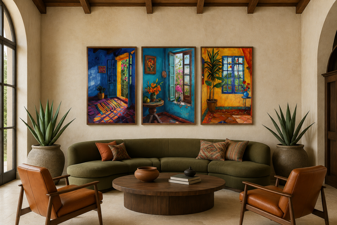 Set of three framed canvas prints featuring vibrant Mexican room interiors above a green sofa.