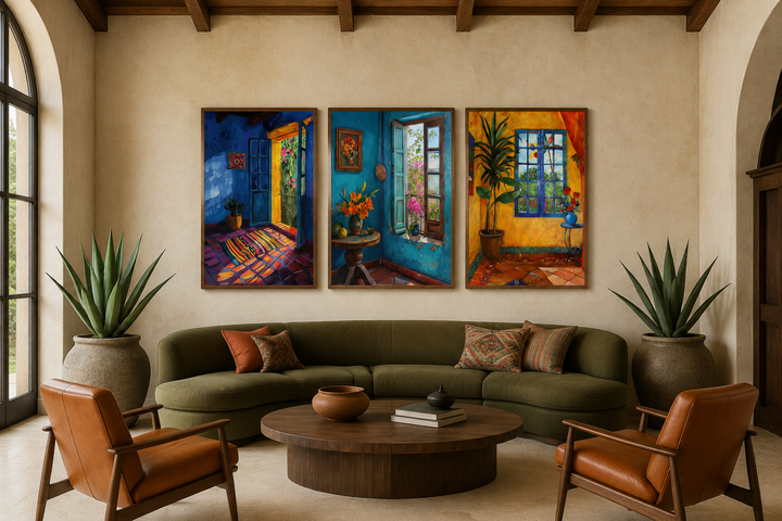 Set of three framed canvas prints featuring vibrant Mexican room interiors above a green sofa.