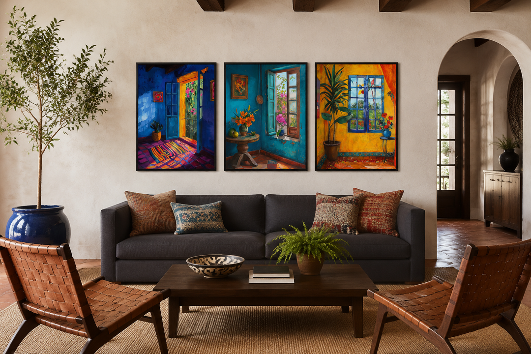 Set of three framed canvas prints featuring vibrant Mexican room interiors above a dark gray sofa.