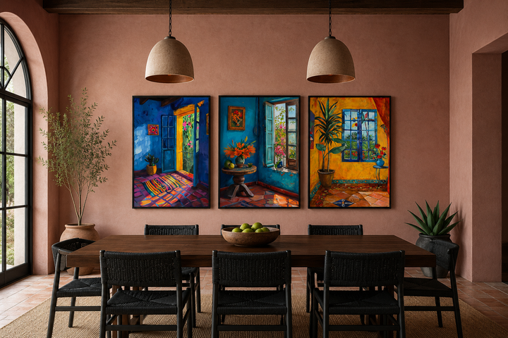Set of three framed canvas prints featuring vibrant Mexican-style interiors on a terracotta wall.