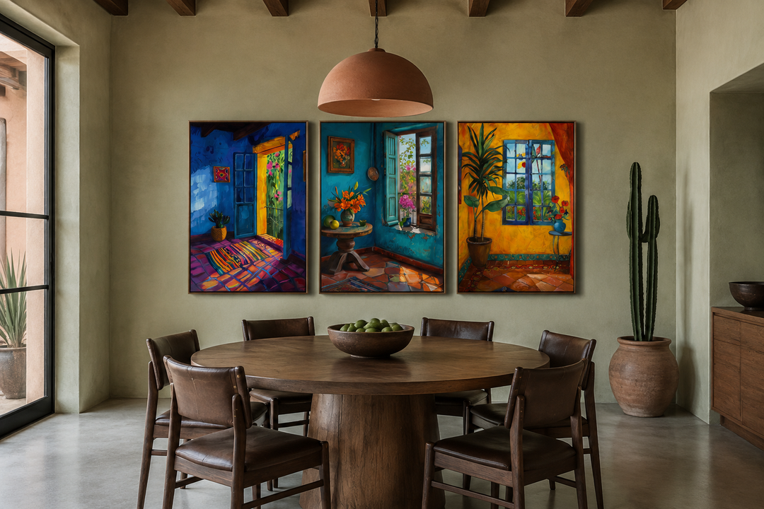 Set of three framed canvas prints featuring colorful Mexican room interiors above a dining table.