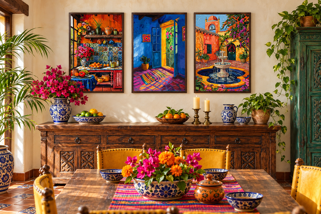 Set of three framed canvas paintings showing a Mexican kitchen, house interior, and courtyard.