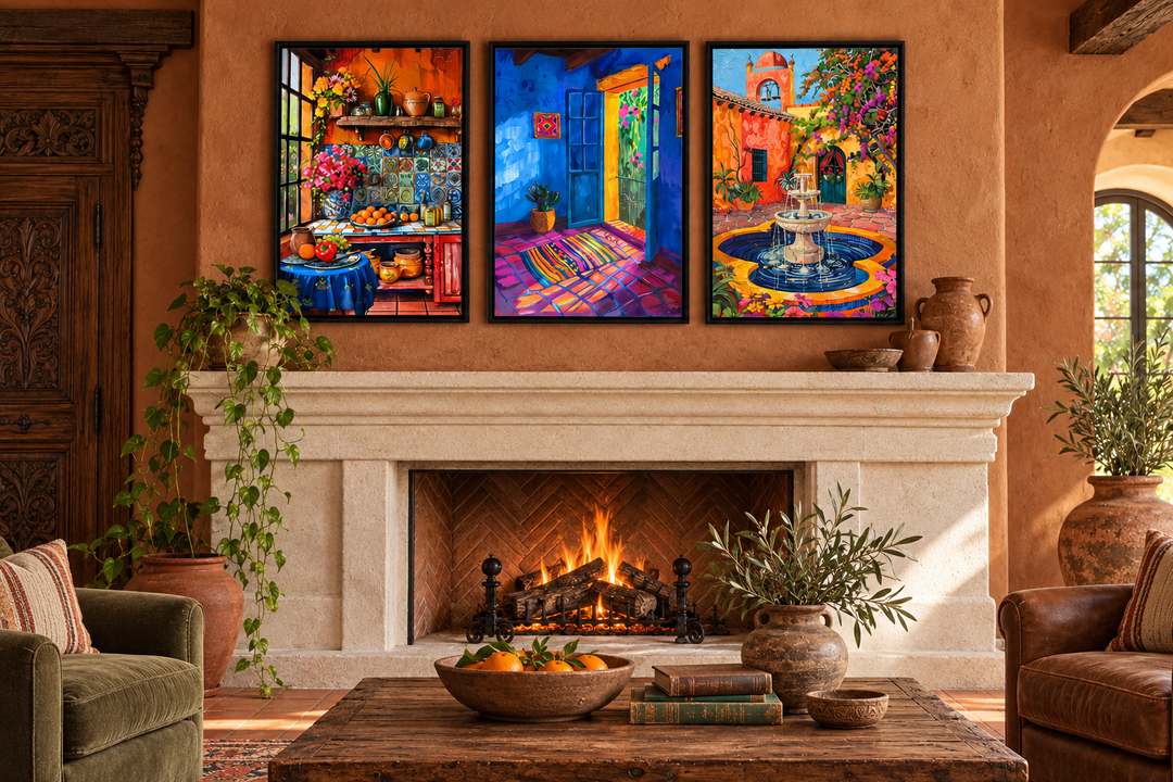 Three framed canvas prints of a Mexican kitchen, house, and courtyard above a stone fireplace.