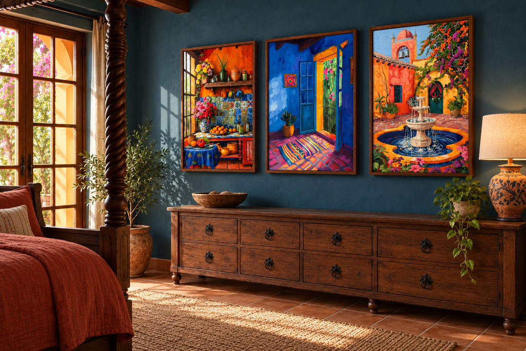 Set of three framed canvas prints featuring a colorful Mexican kitchen, house, and courtyard.