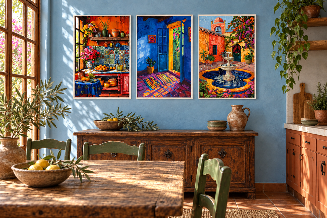 Set of three framed canvas prints featuring a colorful Mexican kitchen, house, and courtyard.