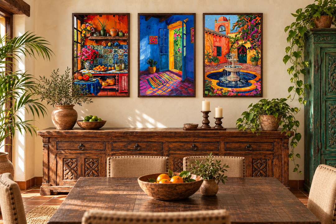 Set of three framed canvas prints featuring a colorful Mexican kitchen, house, and courtyard.