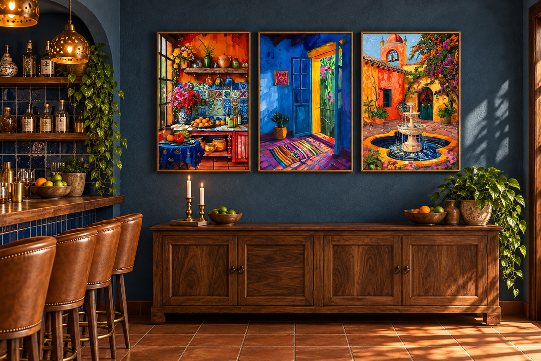 Set of three framed canvas prints featuring a colorful Mexican kitchen, house, and courtyard.
