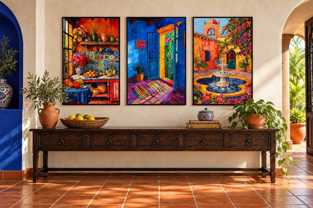Three framed canvas prints of a colorful Mexican kitchen, house interior, and courtyard fountain.