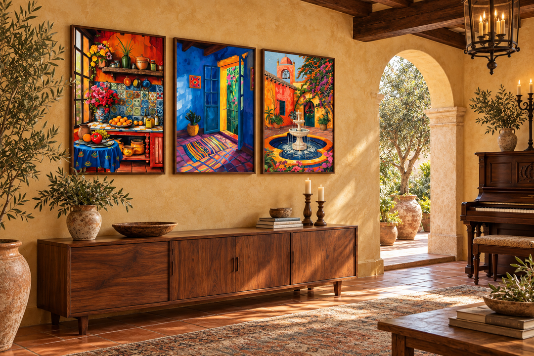 Triptych of colorful Mexican kitchen, house, and courtyard framed canvas art on a tan wall.