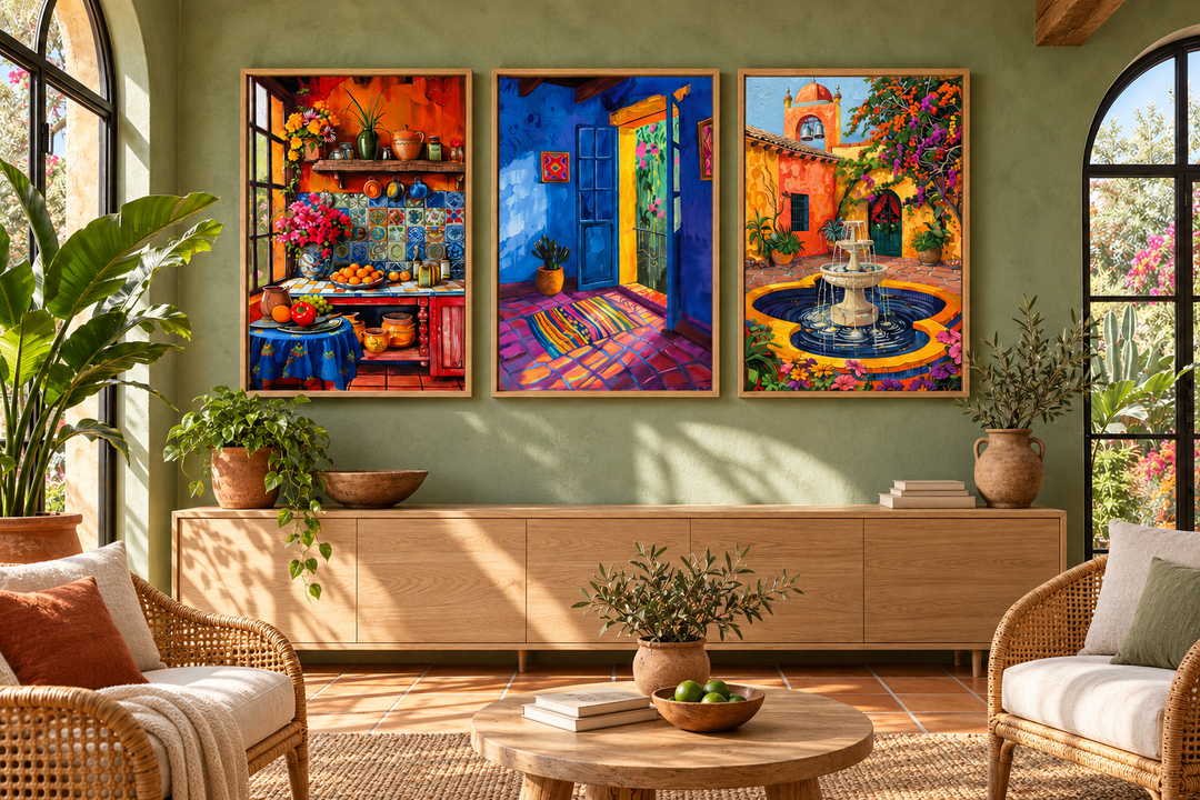 Three framed canvas prints of a Mexican kitchen, house interior, and courtyard on a green wall.