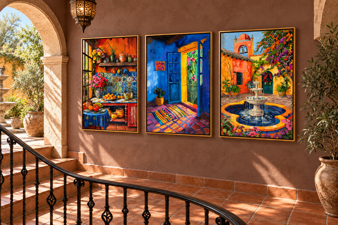 Three framed canvas paintings of a Mexican kitchen, house interior, and courtyard with a fountain.