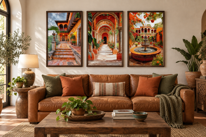 Set of three framed canvas prints featuring vibrant Mexican hacienda courtyards above a brown sofa.