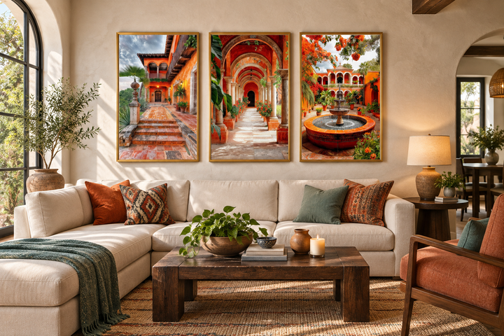 Set of three framed canvas prints featuring vibrant Mexican hacienda courtyards and architecture.
