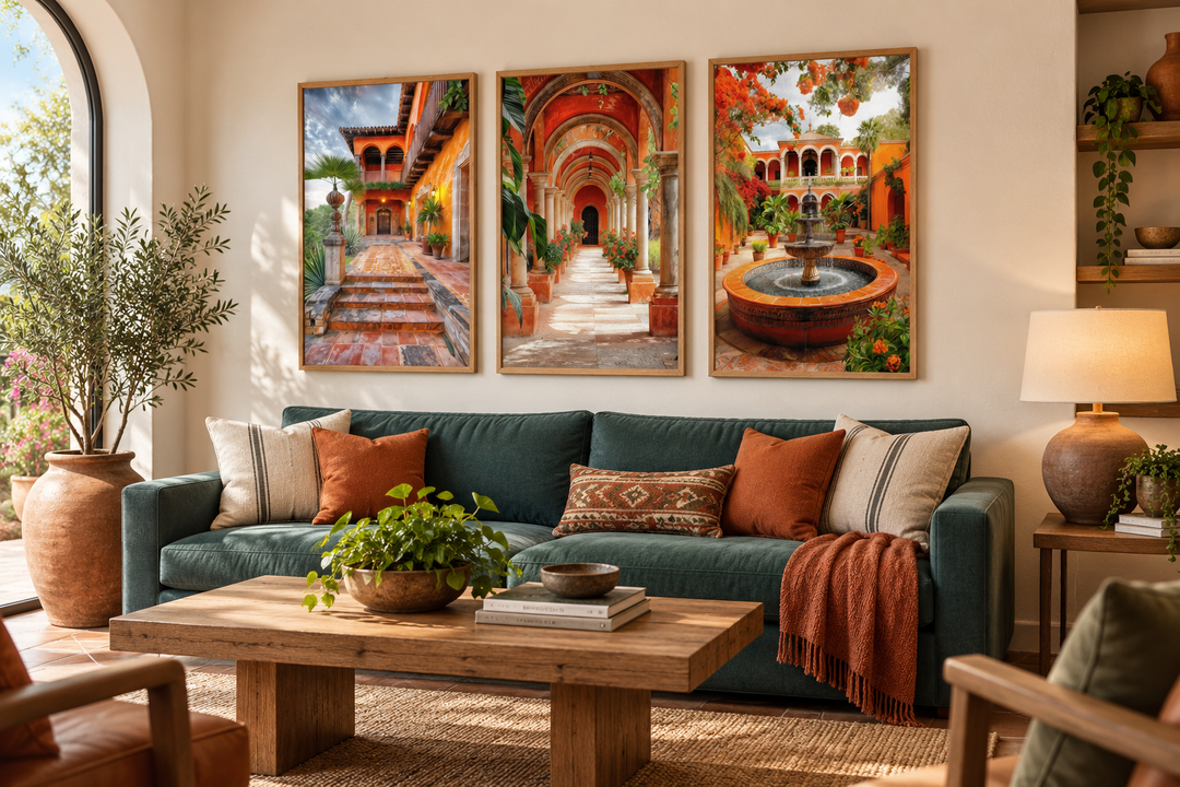 Set of three framed canvas prints featuring vibrant Mexican hacienda courtyards and architecture.